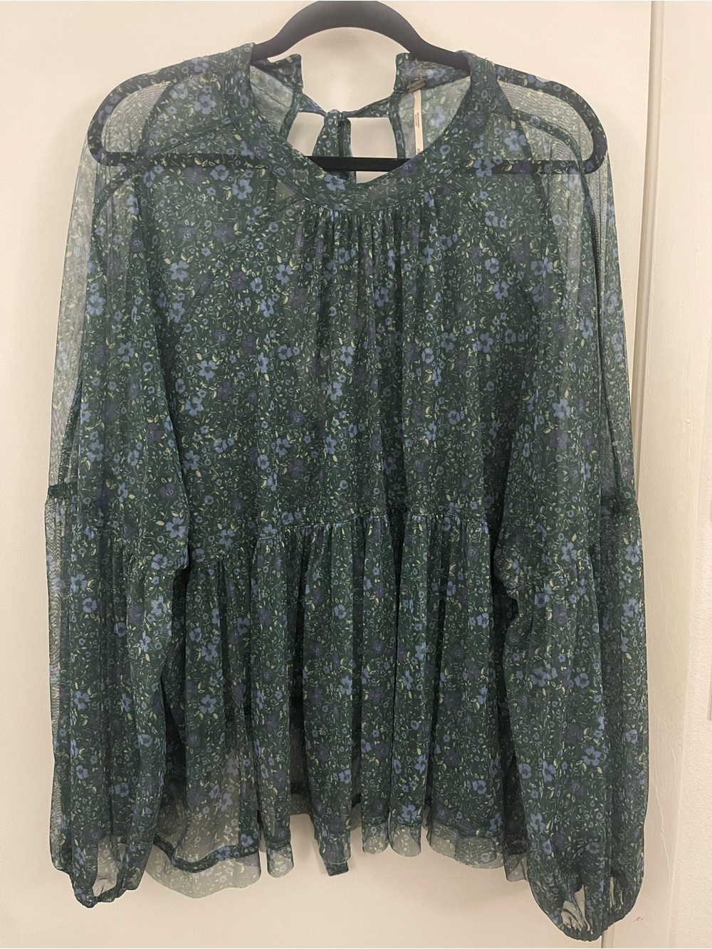 Free People Dark Green Floral Sheer Peasant Tunic